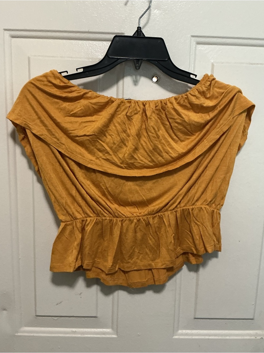 chic Mustard Off-Shoulder Ruffle Crop Top - Picture 2 of 3